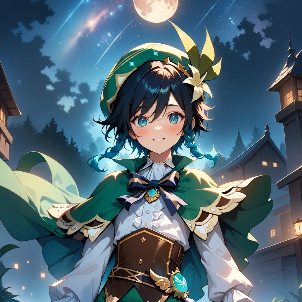 (best quality,4k,8k,highres,masterpiece:1.2),1boy,venti_\(genshin_impact\),(face focus,detailed face and clear eyes),flat chest,realistic:.5,night time,ladyshadow,bluegreen eyes,mysterious smile,green cape,white long sleeved shirt,leather corset,(puffy green shorts),(plain white tights),green hat, dark night scene, starry sky with silver moon,dark,low light,deep blue lighting,