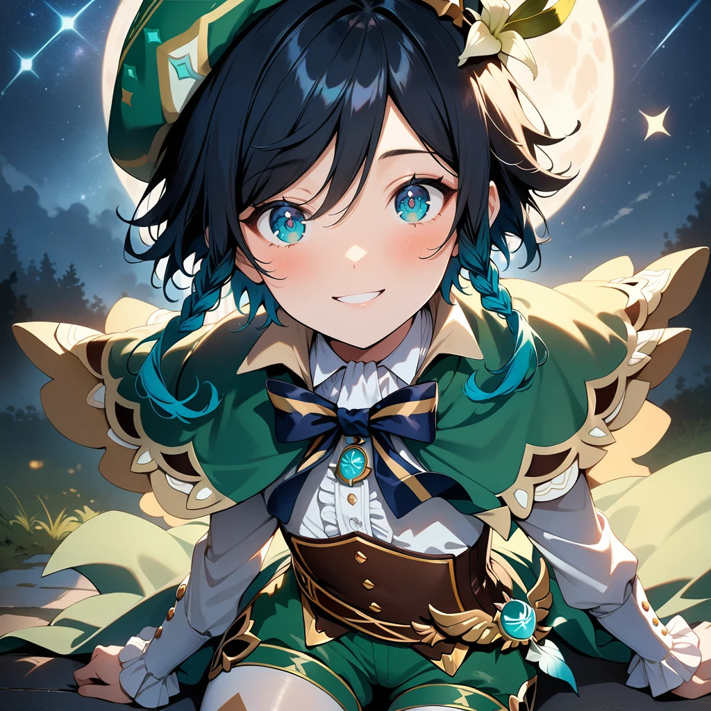 (best quality,4k,8k,highres,masterpiece:1.2),1boy,venti_\(genshin_impact\),(face focus,detailed face and clear eyes),flat chest,realistic:.5,night time,ladyshadow,bluegreen eyes,mysterious smile,green cape,white long sleeved shirt,leather corset,(puffy green shorts),(plain white tights),green hat, dark night scene, starry sky with silver moon,dark,low light,deep blue lighting,