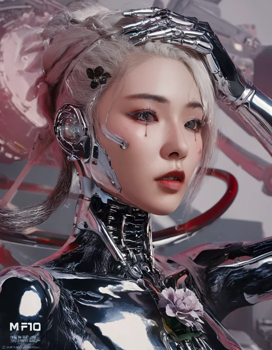 an extraordinarily detailed close-up portrait of an android-human hybrid k-pop idol, showcasing her striking skell cyberpunk app...