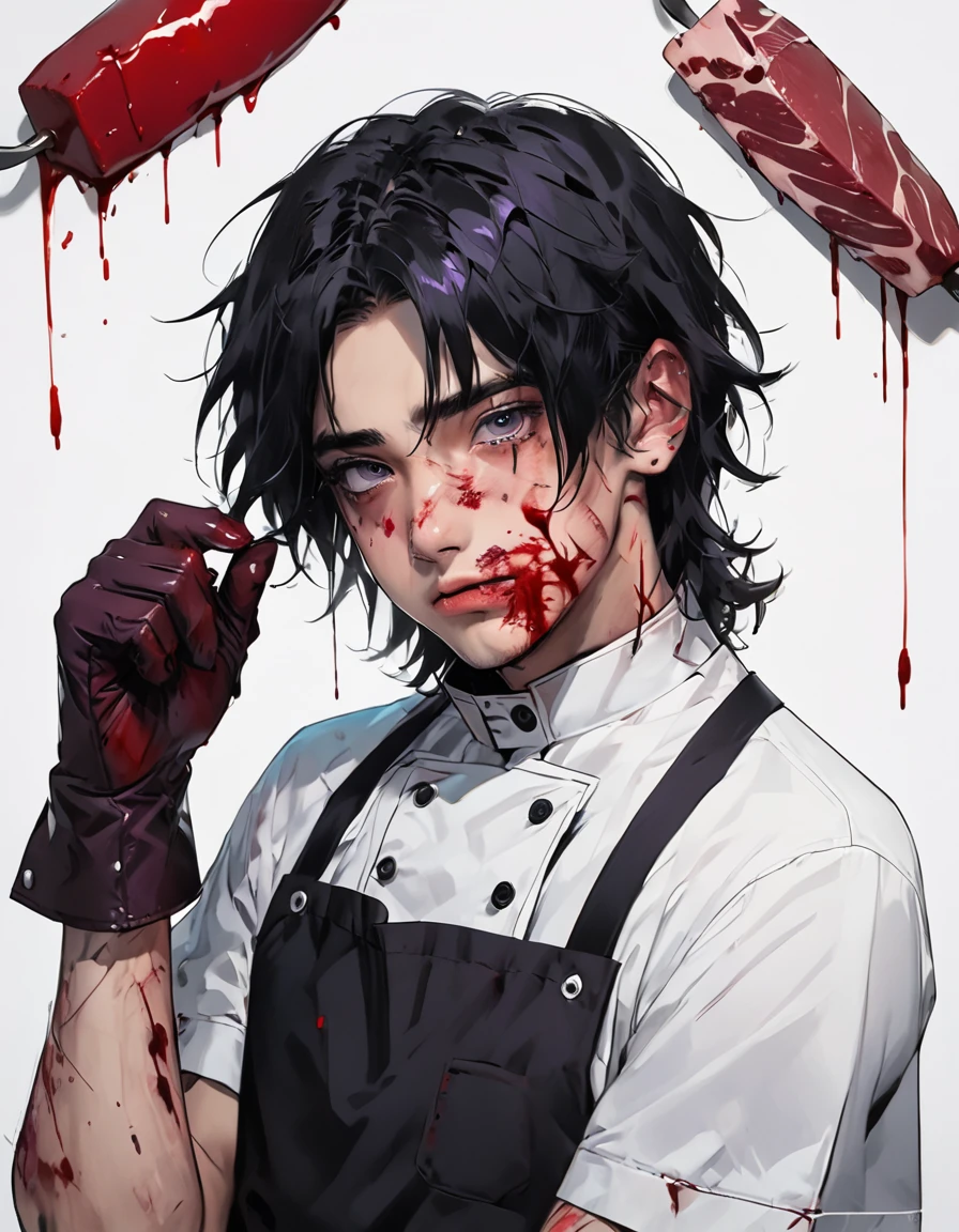 Boy with messy black hair, purple highlights, shiny black eyes, long eyelashes, bruises and wounds on face and hands, moderately fit, plasters on face, blood-stained apron, butcher uniform, cute boy, sleepy expression , slightly blushing, hands in transparent butcher gloves, look from above, heart-shaped pupils, "innocent" look, in love, serial killer butcher,being cornered