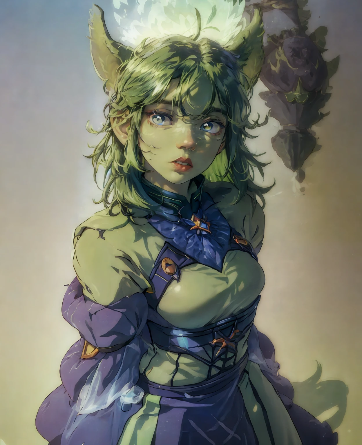 Anya Taylor Joy as a goblin girl with green skin, highly detailed face, mesmerizing eyes, delicate features, beautiful lips, long eyelashes, intricate detailed outfit, fantasy setting, lush foliage, mystical, magical, ethereal, muted color palette, dramatic lighting, cinematic, (best quality,4k,8k,highres,masterpiece:1.2),ultra-detailed,(realistic,photorealistic,photo-realistic:1.37)