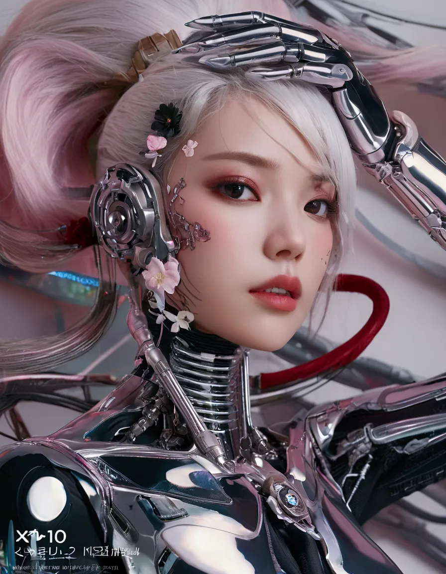 an extraordinarily detailed close-up portrait of an android-human hybrid k-pop idol, showcasing her striking skell cyberpunk app...