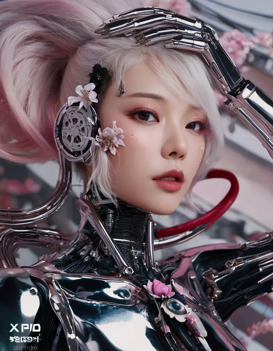 an extraordinarily detailed close-up portrait of an android-human hybrid k-pop idol, showcasing her striking skell cyberpunk app...