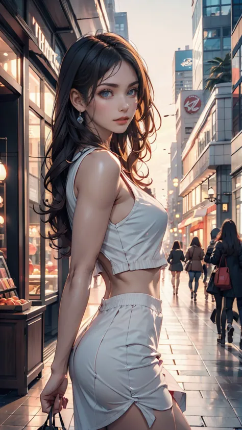 sunset, city, mall, long hair girl