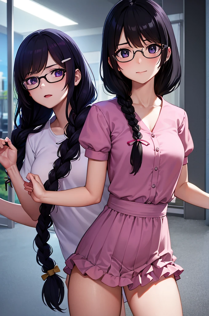 hanekawatsubasa, hanekawa tsubasa, long hair, black hair, hair ornament, (purple eyes:1.1), braid, hairclip, twin braids, naoetsu high school uniform, glasses, BREAK cyb dress, pink dress, frills, see-through short sleeves, wrist cuffs BREAK indoors, classroom, BREAK looking at viewer, BREAK (masterpiece:1.2), best quality, high resolution, unity 8k wallpaper, (illustration:0.8), (beautiful detailed eyes:1.6), extremely detailed face, perfect lighting, extremely detailed CG, (perfect hands, perfect anatomy), smile, dynamic pose, cowboy shot