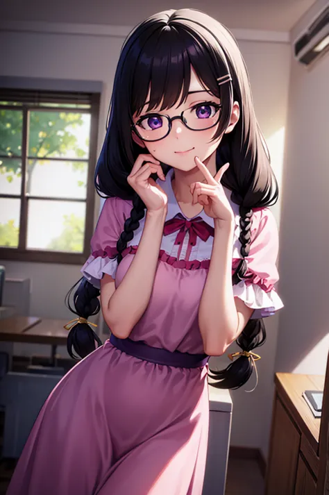 hanekawatsubasa, hanekawa tsubasa, long hair, black hair, hair ornament, (purple eyes:1.1), braid, hairclip, twin braids, naoets...