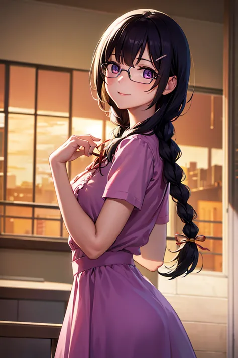 hanekawatsubasa, hanekawa tsubasa, long hair, black hair, hair ornament, (purple eyes:1.1), braid, hairclip, twin braids, naoets...