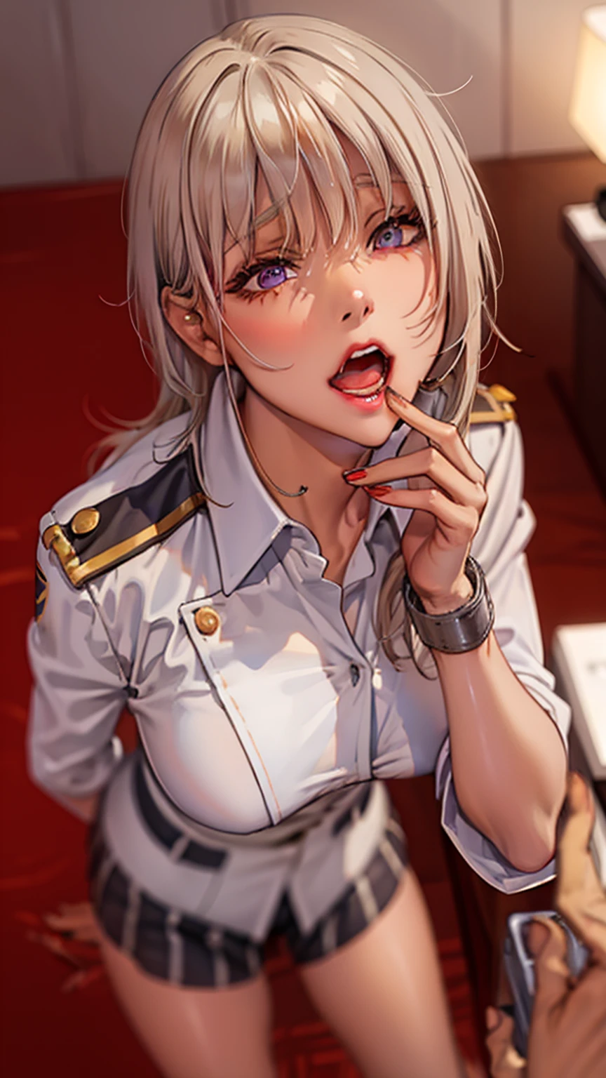 (Cinematic Digital Artwork: 1.3), High quality, masutepiece, of the highest quality, Super Detail, Illustration, [4K Digital Art]、(Moody lighting:1.2), depth of fields, Bokeh, 4K Solo, (Elite Detective、Police Uniform, policewoman), Stockings, City lights, (gaze at the audience: 1.3), Lips apart, Red lips, Shiny skin, dent in the skin, Best Quality, Ultra High Resolution, (Realism: 1.4),Fingers in someone else's mouth, Open mouth, biting fingers, Finger sucking, licking, tongue, tusk, Tongue out, POV, pov hand, Saliva, tongue、(steam,Sweat), ((a miniskirt)), Interrogation room、darkened room、Stainless steel desk and pipe chair、Katsudon and lighting on the desk、Cuffed、(((Looking up angle)))