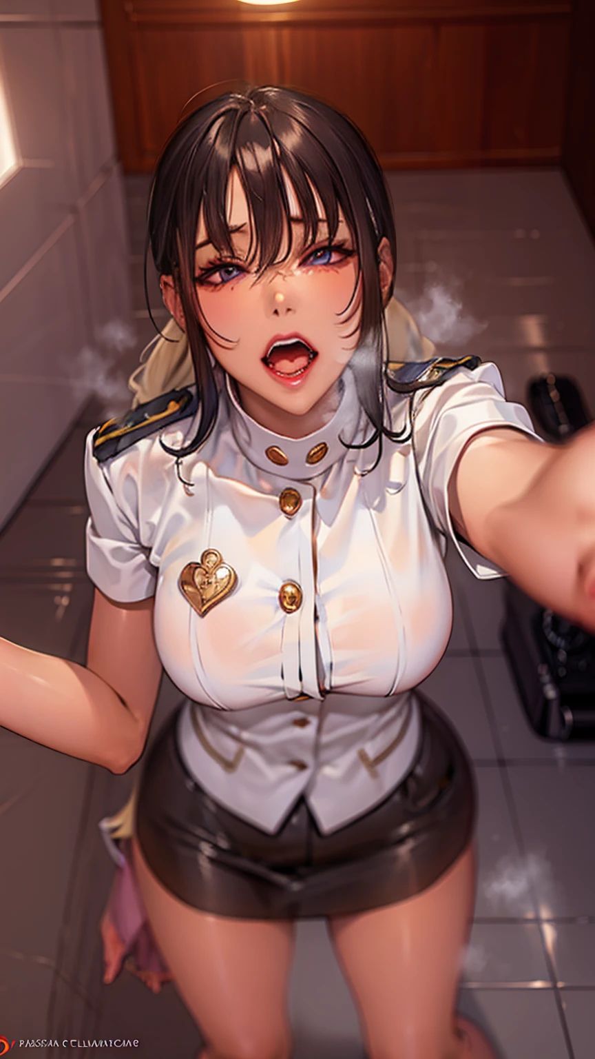 (Cinematic Digital Artwork: 1.3), High quality, masutepiece, of the highest quality, Super Detail, Illustration, [4K Digital Art]、(Moody lighting:1.2), depth of fields, Bokeh, 4K Solo, (Elite Detective、Police Uniform, policewoman), Stockings, City lights, (gaze at the audience: 1.3), Lips apart, Red lips, Shiny skin, dent in the skin, Best Quality, Ultra High Resolution, (Realism: 1.4),Fingers in someone else's mouth, Open mouth, biting fingers, Finger sucking, licking, tongue, tusk, Tongue out, POV, pov hand, Saliva, tongue、(steam,Sweat), ((a miniskirt)), Interrogation room、darkened room、Stainless steel desk and pipe chair、Katsudon and lighting on the desk、Cuffed、(((Looking up angle)))