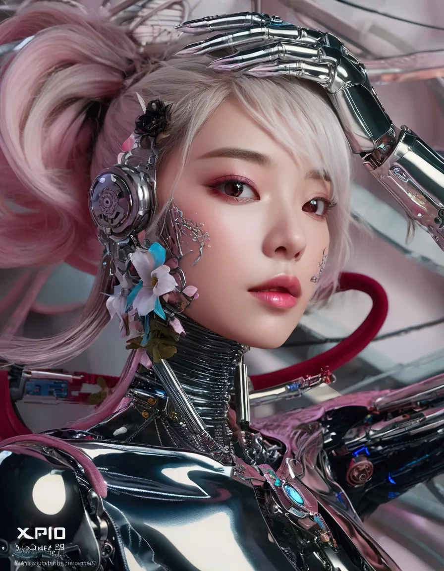 an extraordinarily detailed close-up portrait of an android-human hybrid k-pop idol, showcasing her striking skell cyberpunk app...