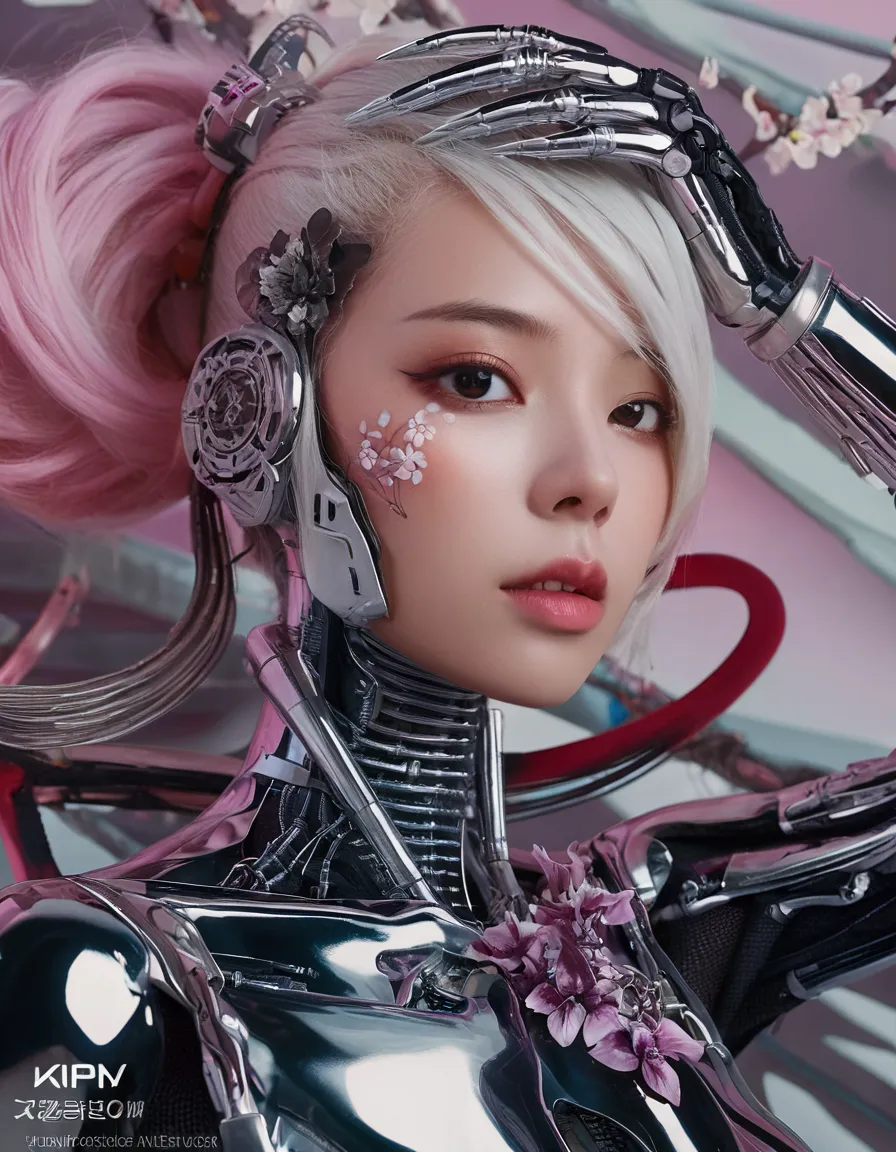 an extraordinarily detailed close-up portrait of an android-human hybrid k-pop idol, showcasing her striking skell cyberpunk app...