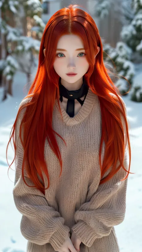 woman with red hair and sweater posing in the snow, flowing redhead, redheadの, orange skin and long fiery hair, redhead, redhead...