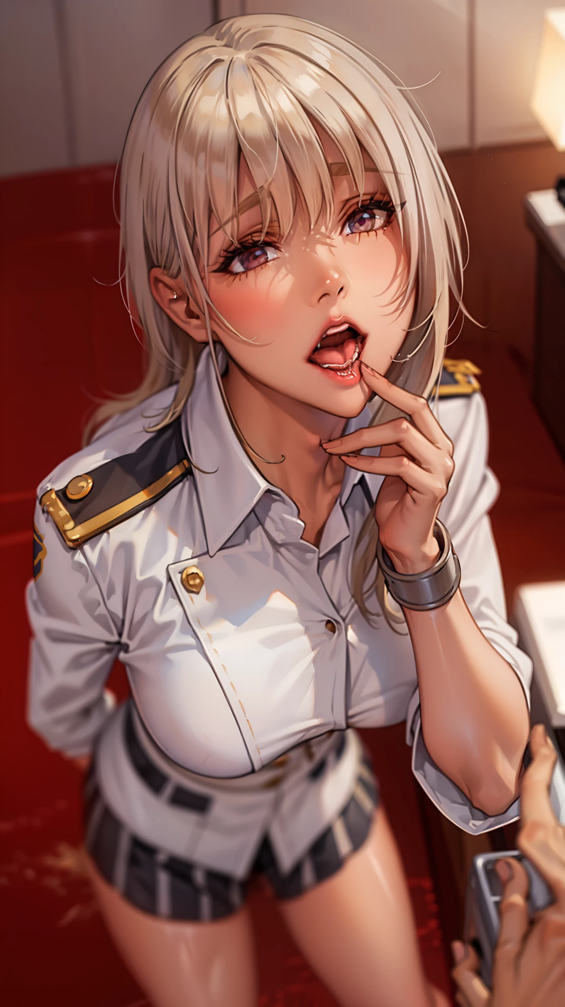 (Cinematic Digital Artwork: 1.3), High quality, masutepiece, of the highest quality, Super Detail, Illustration, [4K Digital Art]、(Moody lighting:1.2), depth of fields, Bokeh, 4K Solo, (Elite Detective、Police Uniform, policewoman), Stockings, City lights, (gaze at the audience: 1.3), Lips apart, Red lips, Shiny skin, dent in the skin, Best Quality, Ultra High Resolution, (Realism: 1.4),Fingers in someone else's mouth, Open mouth, biting fingers, Finger sucking, licking, tongue, tusk, Tongue out, POV, pov hand, Saliva, tongue、(steam,Sweat), ((a miniskirt)), Interrogation room、darkened room、Stainless steel desk and pipe chair、Katsudon and lighting on the desk、Cuffed、(((Looking up angle)))