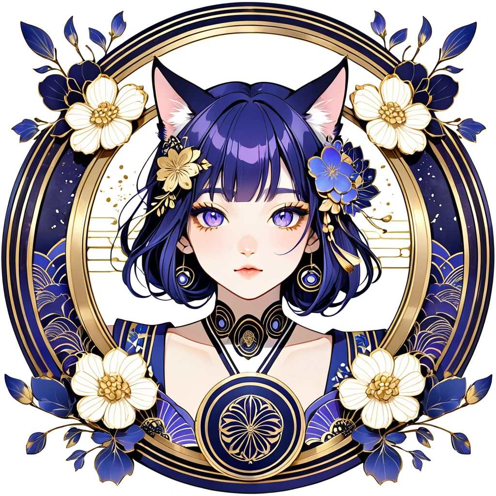 round frame, Round circle, Round, create a Japanese Round seal kamon (Very colorful and contrasting) On a white background, in the size of the photo, Indigo and gold art deco circle、Art Deco floral pattern in the center、A stunning drawing of a cat girl&#39;s upper body (Long magenta hair,Yellow cat eyes)Beautifully designed clothing with gorgeous patterns and floral Hanfu headpieces. she is posing in front of plain graphic japanese background inside the round frame. Cat ear, Vampire Fangs,Cat eye, Pink cherry blossoms