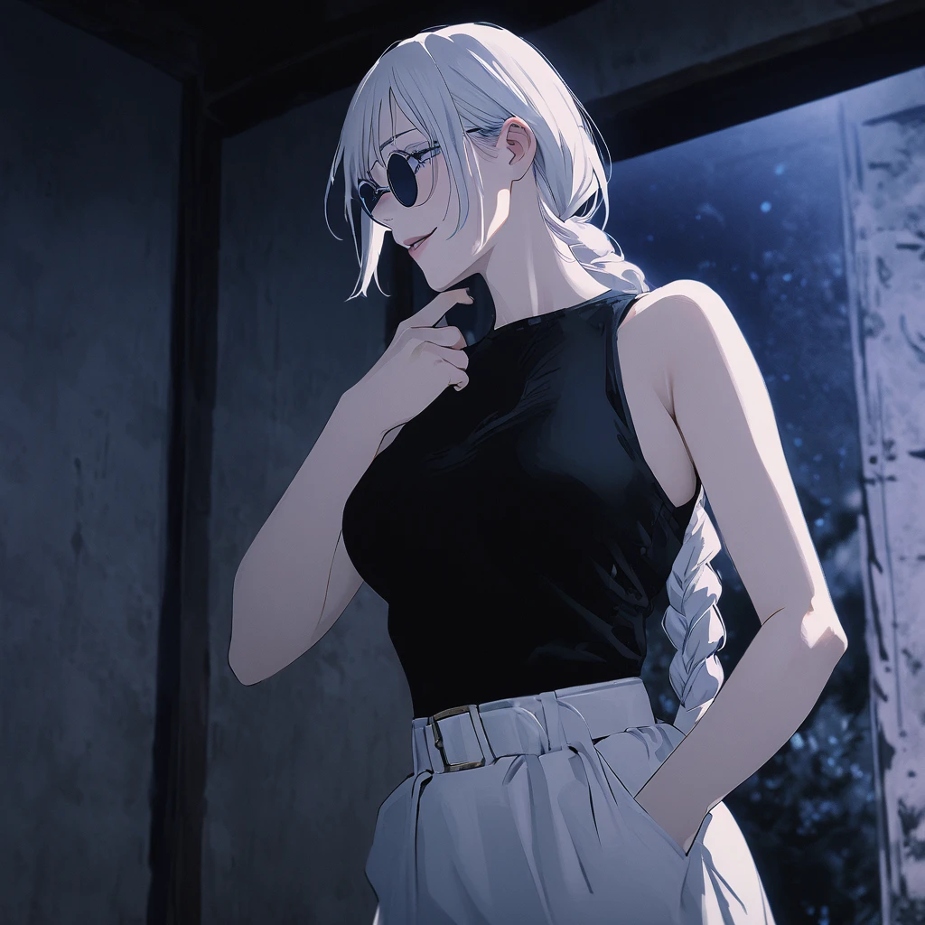 1 girl, female Gojo Satoru, Screenshot from the anime Jujutsu Kaisen, gojo satoru female version, standing alone, far away_body hair, ((single braid)) cerulean eyeballs, ((very far away white_body hair and single braid)), night vision, breastsouts, upper_cos, ssmile, Inside the house, Boken, bangss, cerulean_eyeballs, lips, (Wearing Round Sunglasses) (far away body hair, swept bangss)) wearing black shirt, breastsout, "very detailed and high resolution" (cerulean eyeballs) ((one hand on chin))  ((smooth texture body hair)) ((standing alone)) ((high resolution)) ((full cos)) (good quality)  neckleace, ((white body hair)) ((body hair braid))