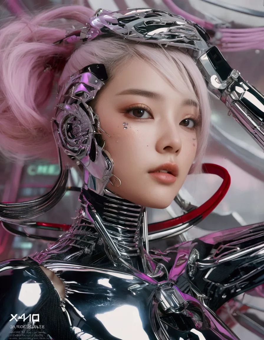 a stunning close up 4k photo-realistic image of a cyberpunk demi-human girl with an asian face, glossy reflected make up. her vi...