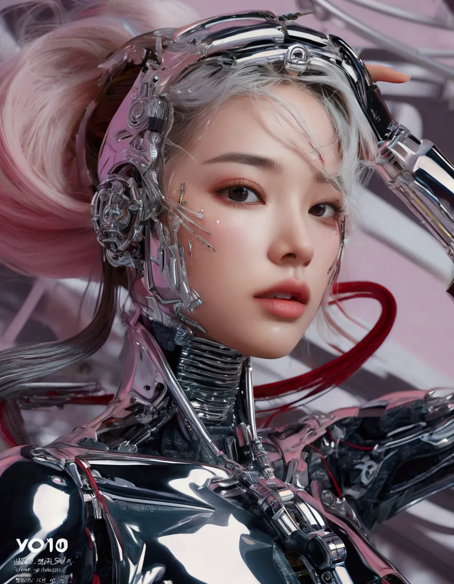 a stunning close up 4k photo-realistic image of a cyberpunk demi-human girl with an asian face, glossy reflected make up. her vi...