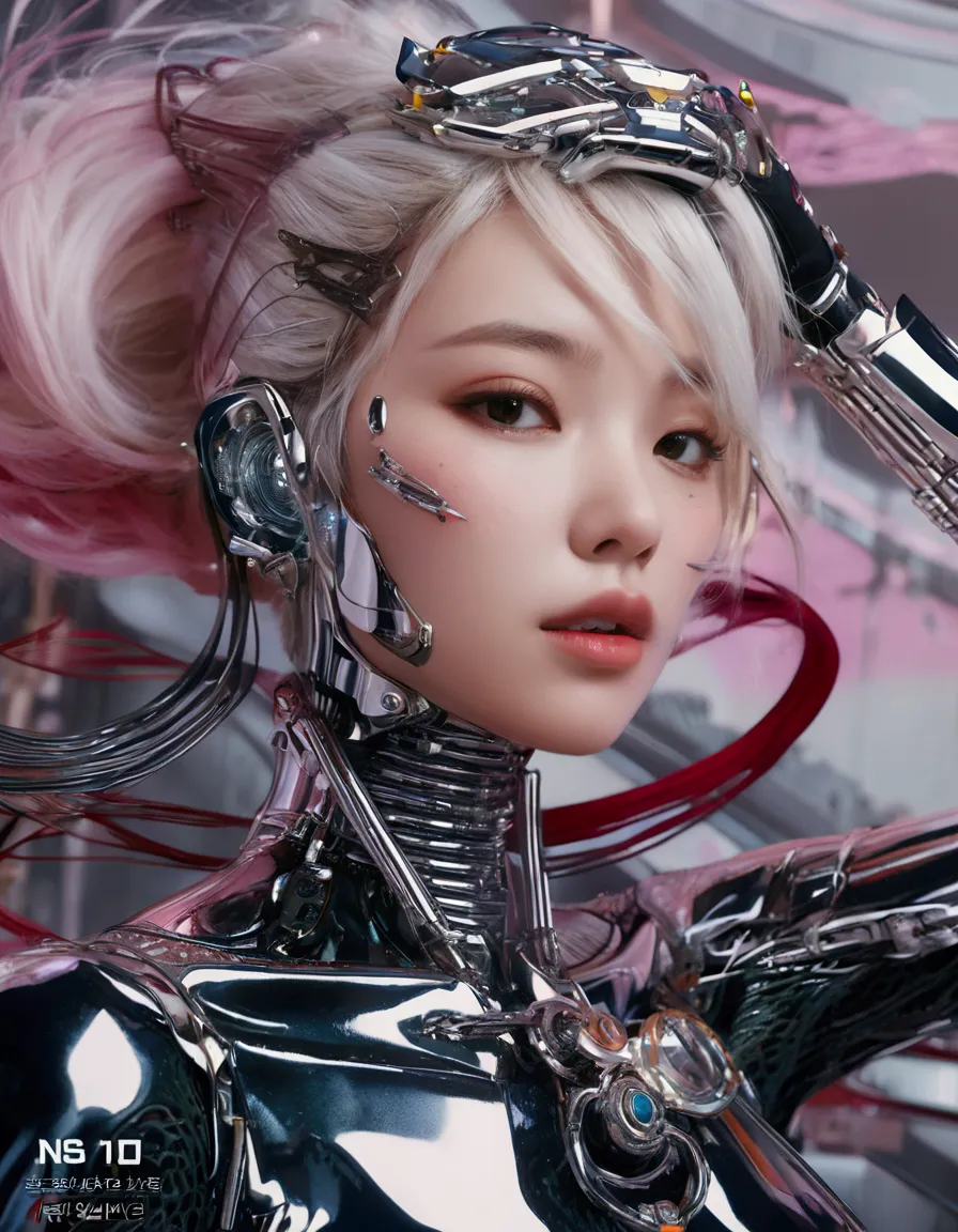 a stunning close up 4k photo-realistic image of a cyberpunk demi-human girl with an asian face, glossy reflected make up. her vi...