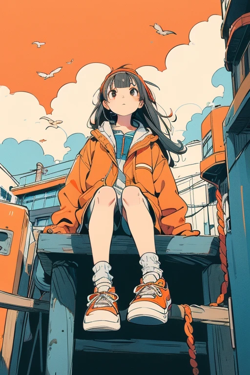 One person,Orange shoes,alone,Sitting,null,cloud,Outdoor,Black Hair,bird,Upward view,blue null,White socks,Daytime,Orange jacket,building,Long sleeve,leaf,Long Hair,stage,red head band,Pump rope,head band,bangs,cloudy null,from_Under,wide_shot,