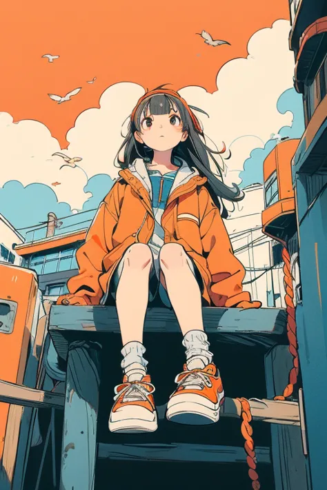 one person,orange shoes,alone,sitting,null,cloud,outdoor,black hair,bird,upward view,blue null,white socks,daytime,orange jacket...