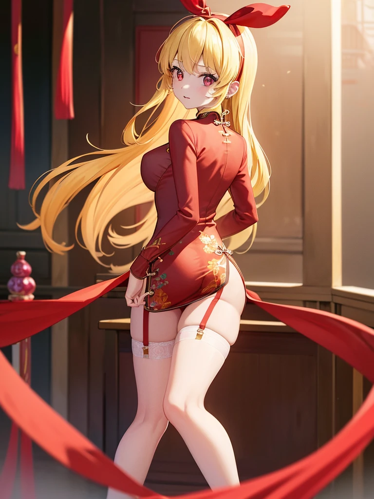 (red ribbon on hairband:1.2),masterpiece, best quality, highres, 1girl, solo, Blonde hair, RED eyes, High resolution, adult woman , good lighting, despicable, , (No nudity), (((China dress))), (()), ((())), (garter belt), abdomen only, (),  ,  cute face,embarrassed and blush, humiliating, ((turn around and look back)), ((See-through))()(T-back)(a large amount of  is on the body,)