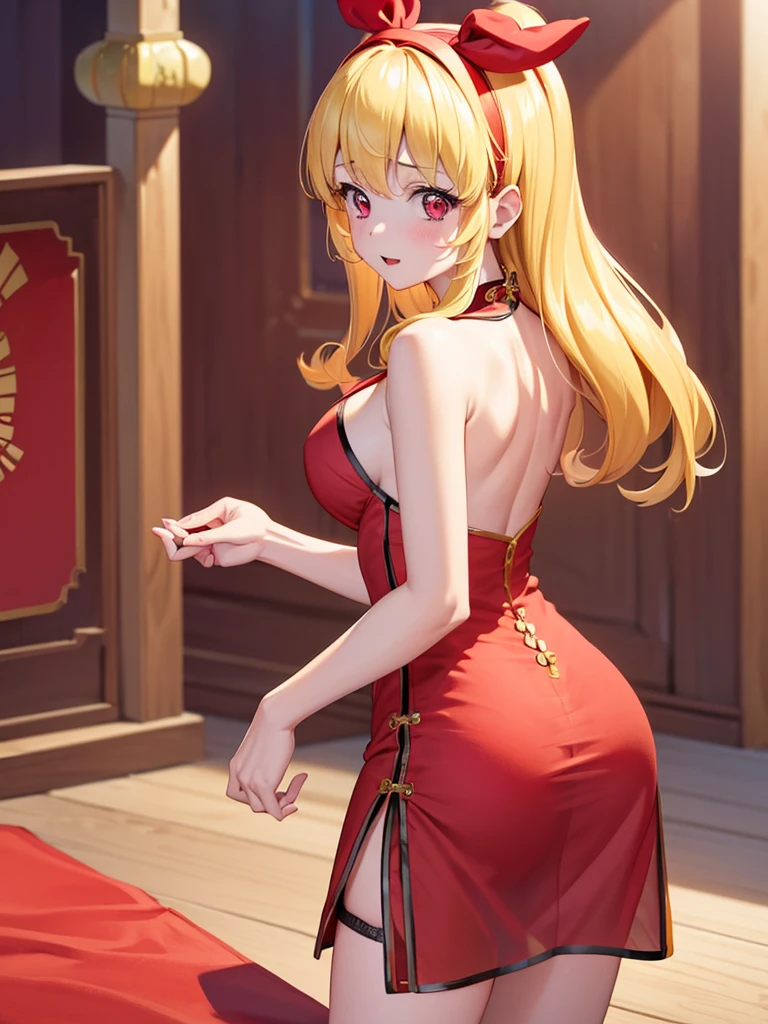 (red ribbon on hairband:1.2),masterpiece, best quality, highres, 1girl, solo, Blonde hair, RED eyes, High resolution, adult woman , good lighting, despicable, , (No nudity), (((China dress))), (()), ((())), (garter belt), abdomen only, (),  ,  cute face,embarrassed and blush, humiliating, ((turn around and look back)), ((See-through))()(T-back)(a large amount of  is on the body,)