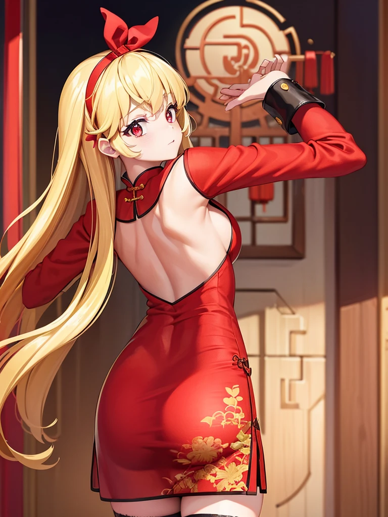 (red ribbon on hairband:1.2),masterpiece, best quality, highres, 1girl, solo, Blonde hair, RED eyes, High resolution, adult woman , good lighting, despicable, , (No nudity), (((China dress))), (()), ((())), (garter belt), abdomen only, (),  ,  cute face,embarrassed and blush, humiliating, ((turn around and look back)), ((See-through))()(T-back)(a large amount of  is on the body,)