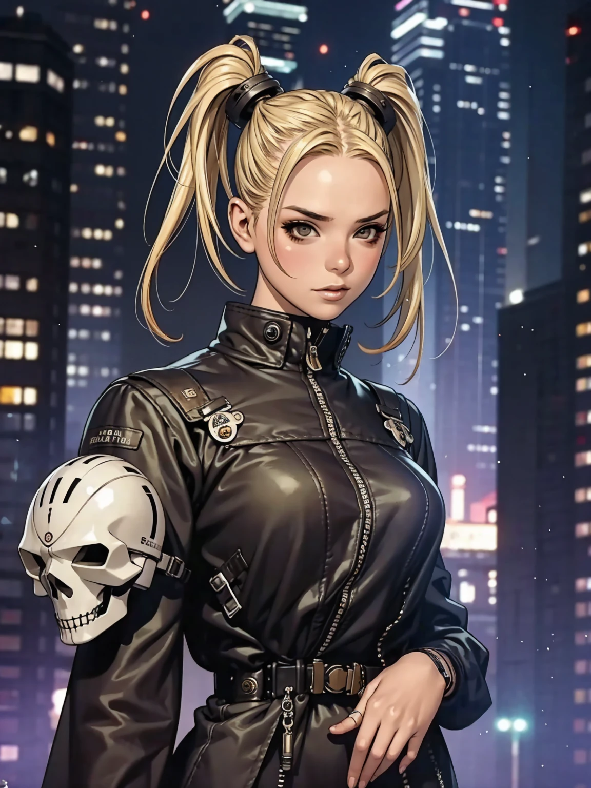 A very cute and wicked girl at the same time, biker clothes, Motorcycle of the future, Tokyo of the future, blonde, ponytails hair, cyberpunk biker jumpsuit, holding a skull shaped helmet, in the background a futuristic city with futuristic skyscrapers, tight clothing, intricate visual