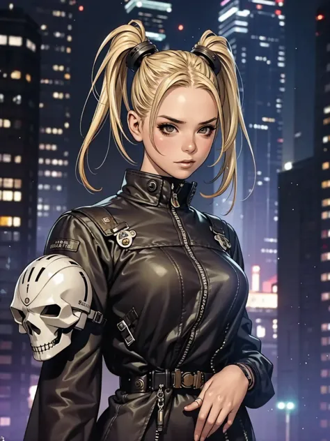 a very cute and wicked girl at the same time, biker clothes, motorcycle of the future, tokyo of the future, blonde, ponytails ha...