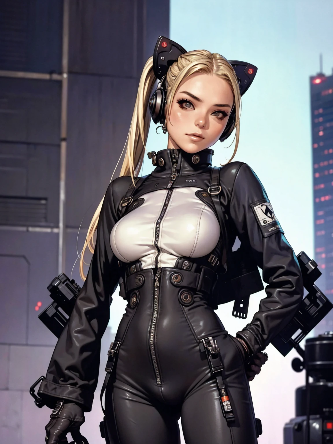 A very cute and wicked girl at the same time, biker clothes, Motorcycle of the future, Tokyo of the future, blonde, ponytails hair, cyberpunk biker jumpsuit, holding a skull shaped helmet, in the background a futuristic city with futuristic skyscrapers, tight clothing, intricate visual