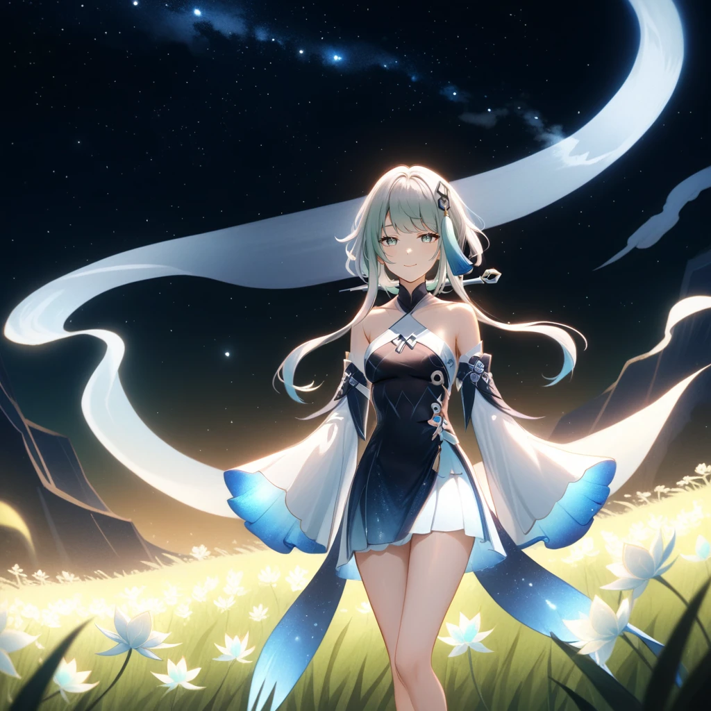 1girl, guizhong_\(genshin_impact\),light grey hair,short_hair_with_long_locks,starry_sky_print,detached_sleeves, long sleeves_past_fingers,hanfu,illustrated by matsuryuu and agahari and dsmile,pale blue eyes,stunning field of softly glowing blue and white glaze lilies,night scene,gentle smile,moonlight,glossy lips,vivid anime coloring,cel shading,smooth, soft dreamy focus,anklet,halter_top,white clothes,highly detailed,digital painting,field of flowers,bare_shoulders,wlop,barefoot,cool night tones, magical night scene,masterpiece, best quality, film, professional, 4k, highly detailed,Guardian nebula of rainbow light and silvery vapor,starry,cosmic,goddess,rich color,hdr,silver moon,

A woman shrouded in mystery, Stand gracefully on the endless shore, Surrounded by shimmering stardust, The bell Creates a faint glow in the haze. Her face, Full of expression and depth
