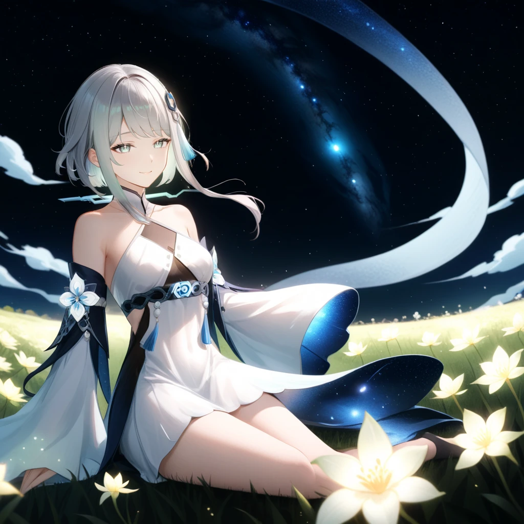 1girl, guizhong_\(genshin_impact\),light grey hair,short_hair_with_long_locks,starry_sky_print,detached_sleeves, long sleeves_past_fingers,hanfu,illustrated by matsuryuu and agahari and dsmile,pale blue eyes,stunning field of softly glowing blue and white glaze lilies,night scene,gentle smile,moonlight,glossy lips,vivid anime coloring,cel shading,smooth, soft dreamy focus,anklet,halter_top,white clothes,highly detailed,digital painting,field of flowers,bare_shoulders,wlop,barefoot,cool night tones, magical night scene,masterpiece, best quality, film, professional, 4k, highly detailed,Guardian nebula of rainbow light and silvery vapor,starry,cosmic,goddess,rich color,hdr,silver moon,

A woman shrouded in mystery, Stand gracefully on the endless shore, Surrounded by shimmering stardust, The bell Creates a faint glow in the haze. Her face, Full of expression and depth
