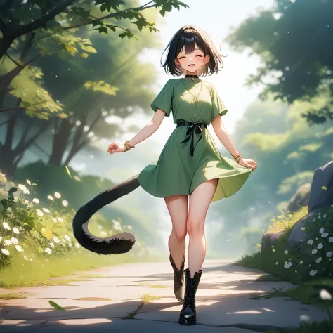 green dress short sleeves black boots, tny-atla, closed eyes,tail, bracelets, full body, solo, 1girl, outdoors, masterpiece, bes...