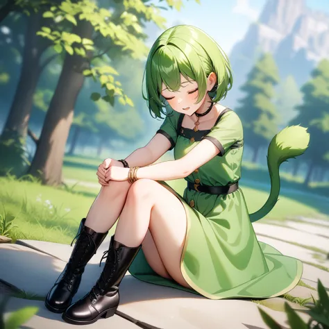 green dress short sleeves black boots, tny-atla, closed eyes,tail, bracelets, full body, solo, 1girl, outdoors, masterpiece, bes...