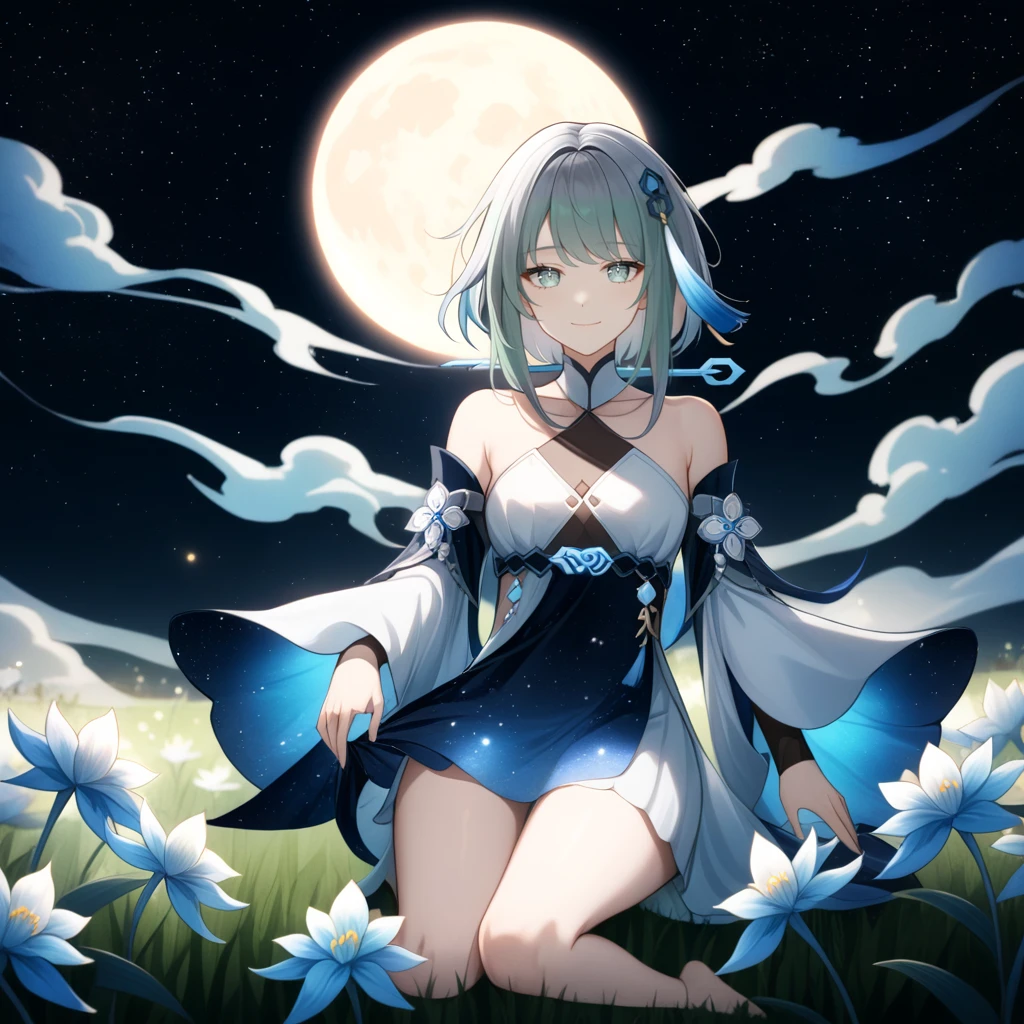 1girl, guizhong_\(genshin_impact\),light grey hair,short_hair_with_long_locks,starry_sky_print,detached_sleeves, long sleeves_past_fingers,hanfu,illustrated by matsuryuu and agahari and dsmile,pale blue eyes,stunning field of softly glowing blue and white glaze lilies,night scene,gentle smile,moonlight,glossy lips,vivid anime coloring,cel shading,smooth, soft dreamy focus,anklet,halter_top,white clothes,highly detailed,digital painting,field of flowers,bare_shoulders,wlop,barefoot,cool night tones, magical night scene,masterpiece, best quality, film, professional, 4k, highly detailed,Guardian nebula of rainbow light and silvery vapor,starry,cosmic,goddess,rich color,hdr,silver moon,

A woman shrouded in mystery, Stand gracefully on the endless shore, Surrounded by shimmering stardust, The bell Creates a faint glow in the haze. Her face, Full of expression and depth
