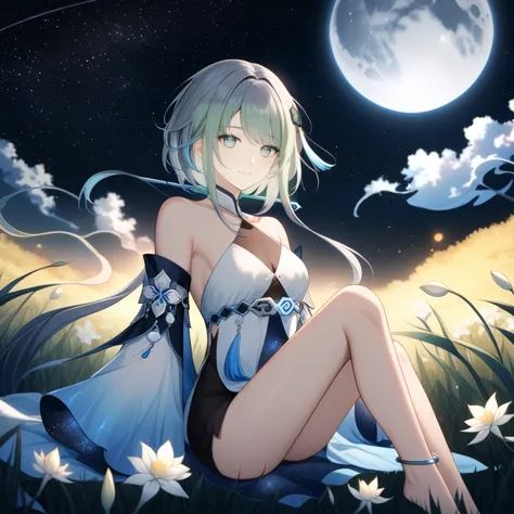 1girl, guizhong_\(genshin_impact\),light grey hair,short_hair_with_long_locks,starry_sky_print,detached_sleeves, long sleeves_pa...