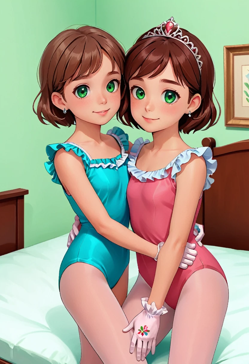 (1 man, 1 catgirl) (hetero, couple) (crossdressing, fully clothed) (brown hair, green eyes) (portrait) (women's clothes only) (women's beautifully feminine skintight lycra floral print frilly girly pink adorable ballet leotards:1.4) (white pantyhose, no shoes) (tiaras, pink shoulder-length silk gloves:1.3) (woman's bedroom, four-poster bed) (lying down, hugging, bending knee) (intimacy, playfulness, closeness)