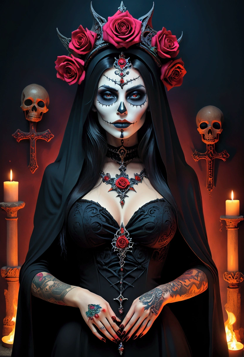  Create an image of the most stunningly gorgeous beautiful perfect sexy woman dios de morta, rose tattoos, Stunningly gorgeous perfect face, beautiful necromancer, bright vibrant colors, beautiful necromancer girl, goddess of death, fantasy dark art, scary queen of death, beautiful girl necromancer, dios de morta fantasy art, gothic art, dark dios de morta fantasy art,dios de morta maiden, beautiful elegant dios de morta, dios de morta fantasy horror art, dios de morta fantasy style art, full body view, 