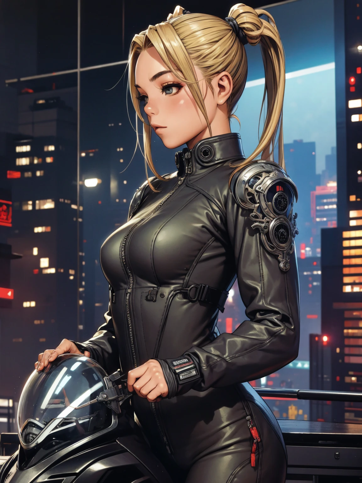 A very cute and wicked girl at the same time, biker clothes, Motorcycle of the future, Tokyo of the future, blonde, ponytails hair, cyberpunk biker jumpsuit, holding a skull shaped helmet, in the background a futuristic city with futuristic skyscrapers, tight clothing, intricate visual