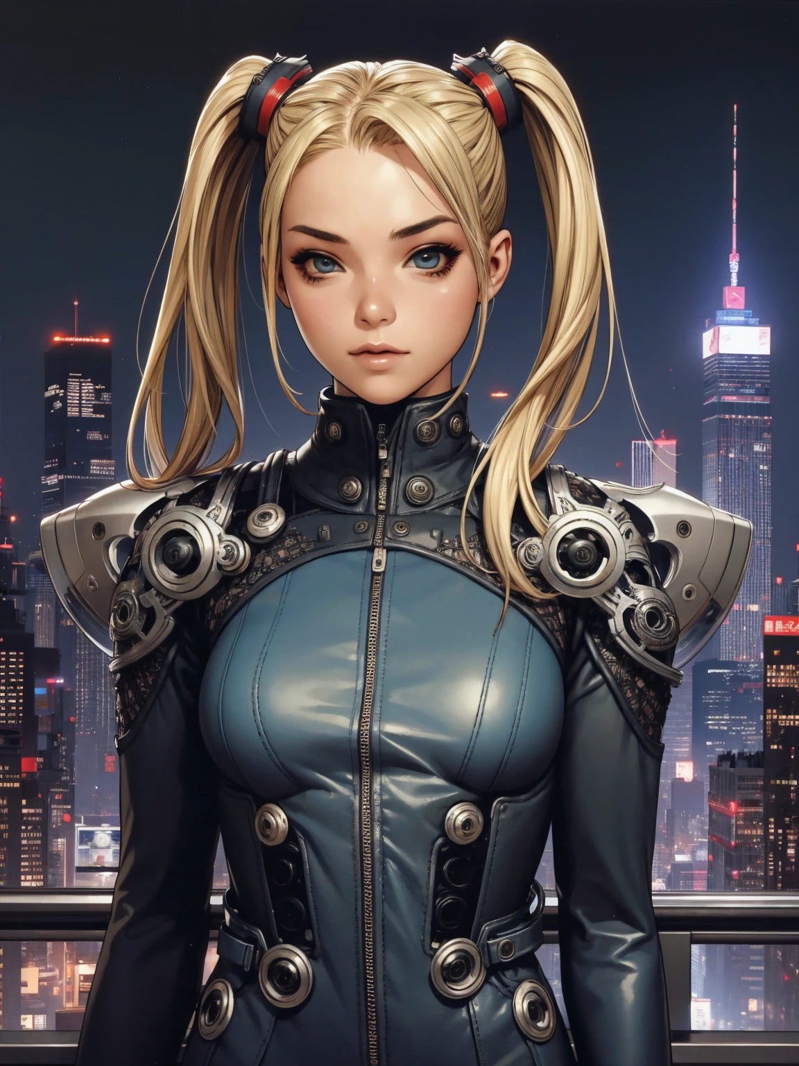 A very cute and wicked girl at the same time, biker clothes, Motorcycle of the future, Tokyo of the future, blonde, ponytails hair, cyberpunk biker jumpsuit, holding a skull shaped helmet, in the background a futuristic city with futuristic skyscrapers, tight clothing, intricate visual