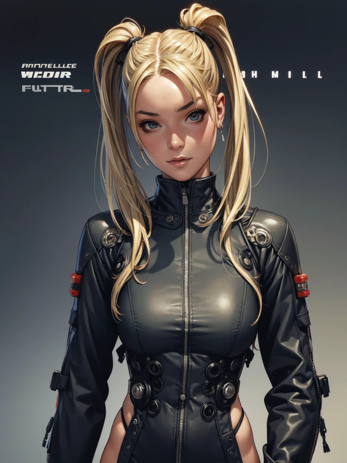 A very cute and wicked girl at the same time, biker clothes, Motorcycle of the future, Tokyo of the future, blonde, ponytails hair, cyberpunk biker jumpsuit, holding a skull shaped helmet, in the background a futuristic city with futuristic skyscrapers, tight clothing, intricate visual