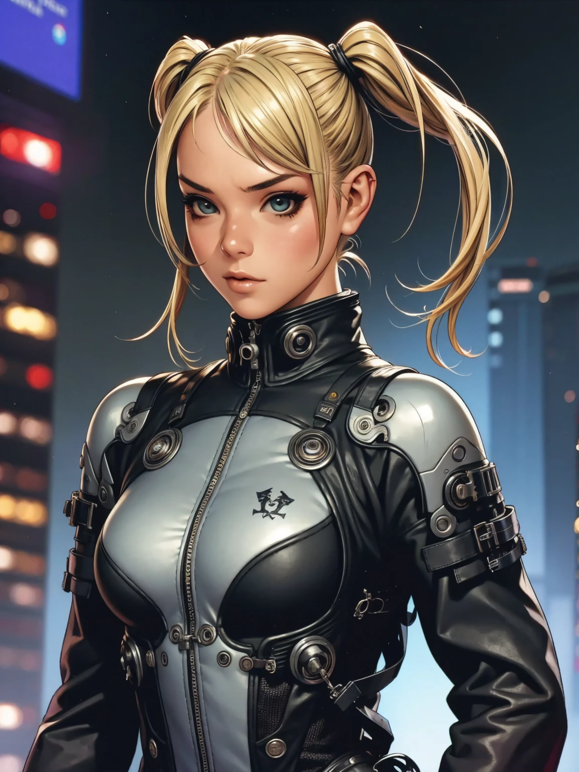 A very cute and wicked girl at the same time, biker clothes, Motorcycle of the future, Tokyo of the future, blonde, ponytails hair, cyberpunk biker jumpsuit, holding a skull shaped helmet, in the background a futuristic city with futuristic skyscrapers, tight clothing, intricate visual