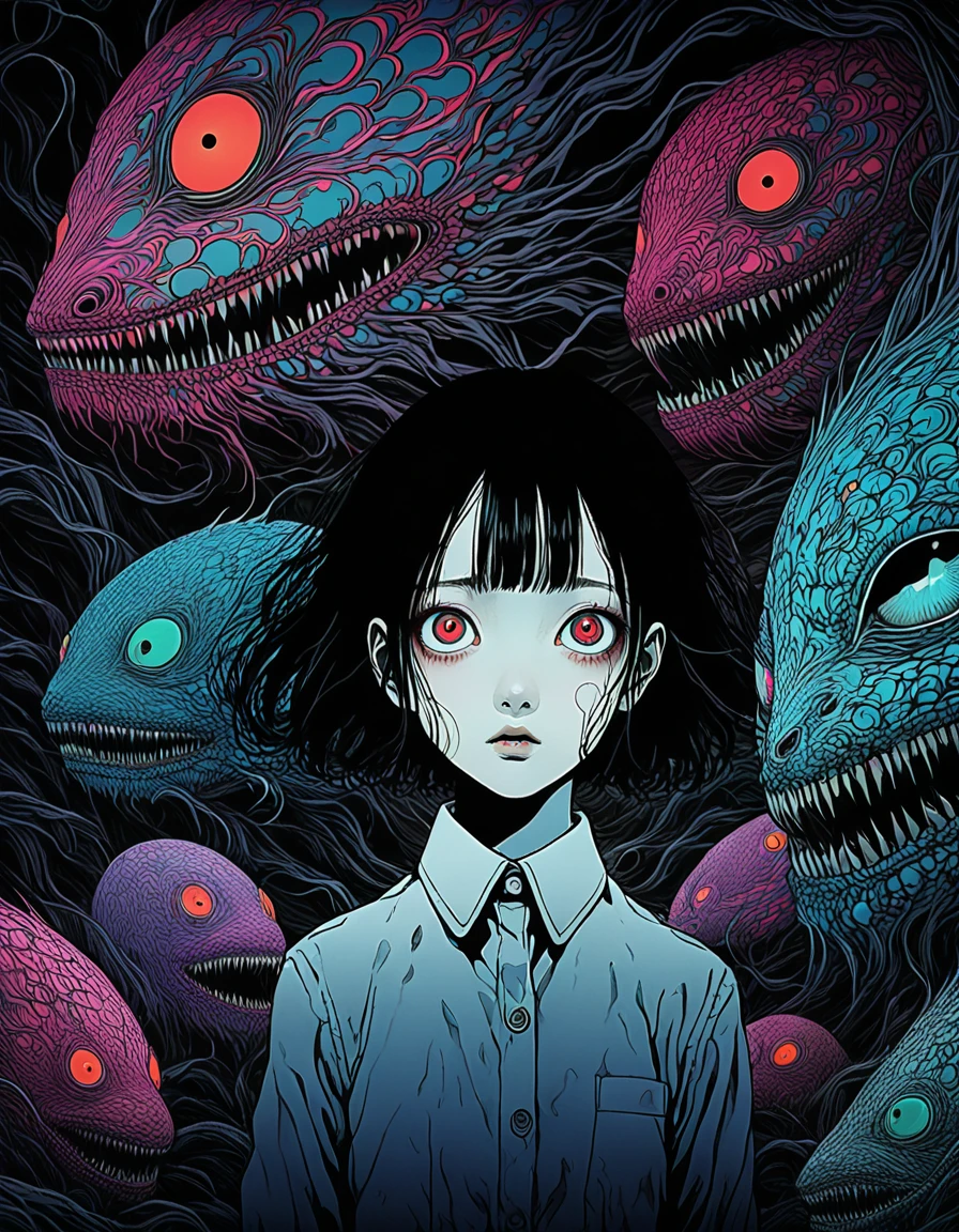 surreal horror, anime style, directed by Junji Ito, high contrast, vivid colors, eerie atmosphere, psychological tension, intricate line work, nightmarish creatures