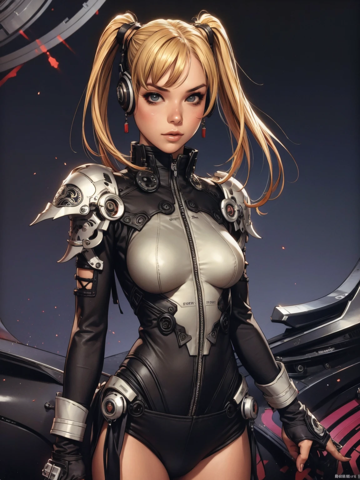 A very cute and wicked girl at the same time, biker clothes, Motorcycle of the future, Tokyo of the future, blonde, ponytails hair, cyberpunk biker jumpsuit, holding a skull shaped helmet, in the background a futuristic city with futuristic skyscrapers, tight clothing, intricate visual