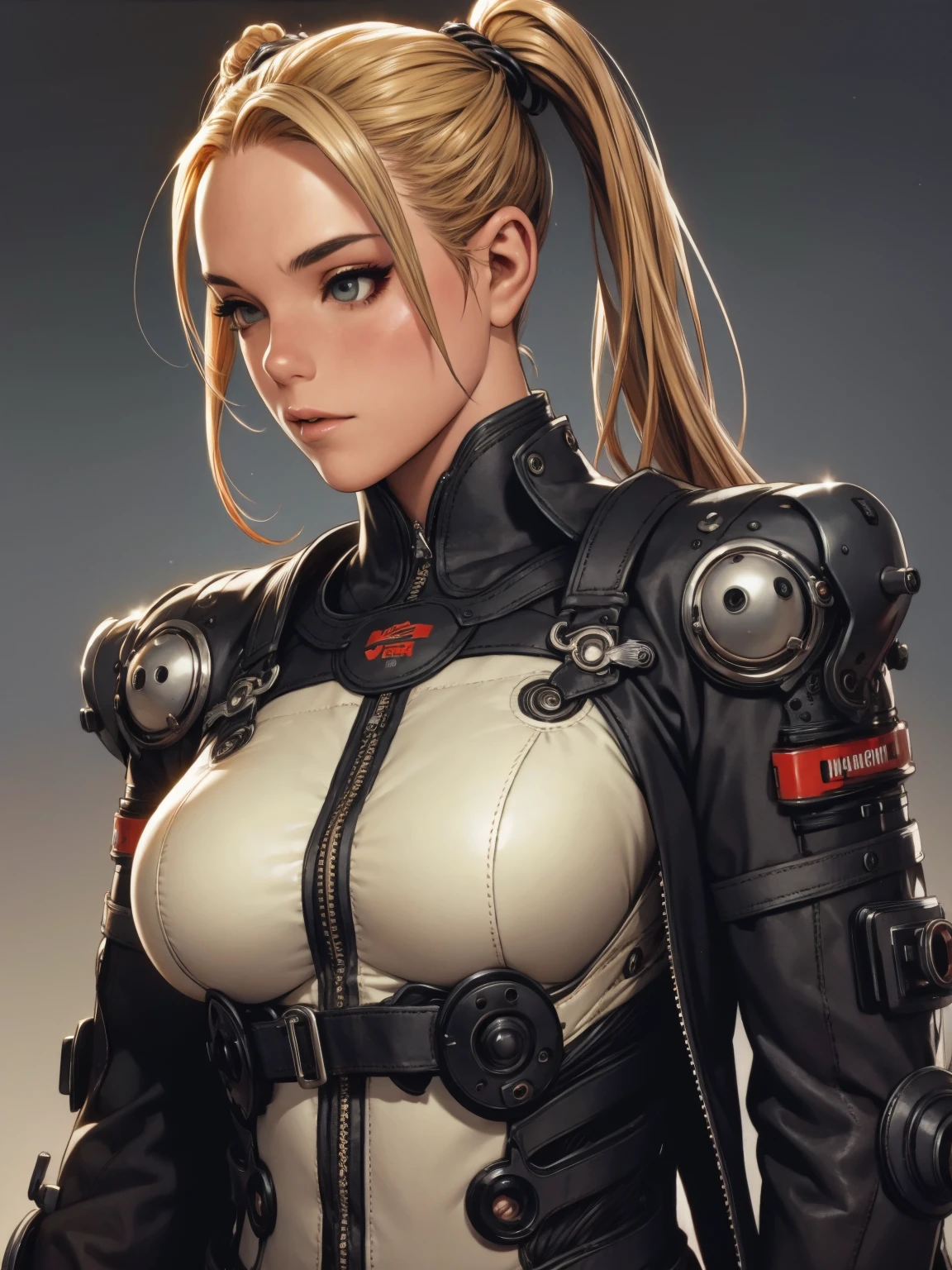 A very cute and wicked girl at the same time, biker clothes, Motorcycle of the future, Tokyo of the future, blonde, ponytails hair, cyberpunk biker jumpsuit, holding a skull shaped helmet, in the background a futuristic city with futuristic skyscrapers, tight clothing, intricate visual