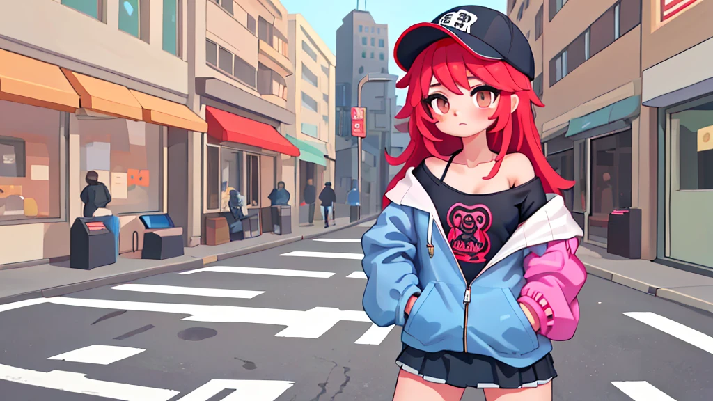 masterpiece,1girl,solo,long hair,bikini, Red hair,hoodie,off shoulder:1.2, mob cap, street,hand on hip, hand in pocket,