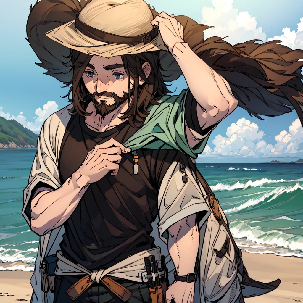 Man in beach clothes, t-shirt, brownhair, Fisherman's Hat, short beard, fully body