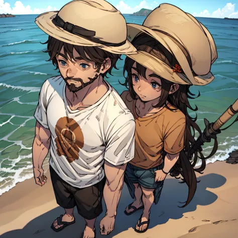 man in beach clothes, t-shirt, brownhair, fisherman's hat, short beard, fully body