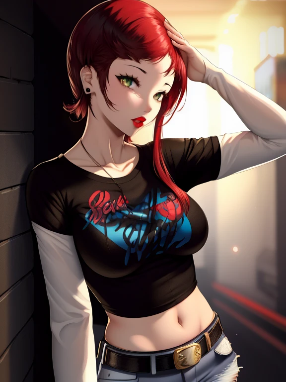 Red hair, skyla,glossy lips, earings ,1girl, solo, standing, black t-shirt, white shirt, blue jeans, belt, lipstick, large breasts, layered sleeves
