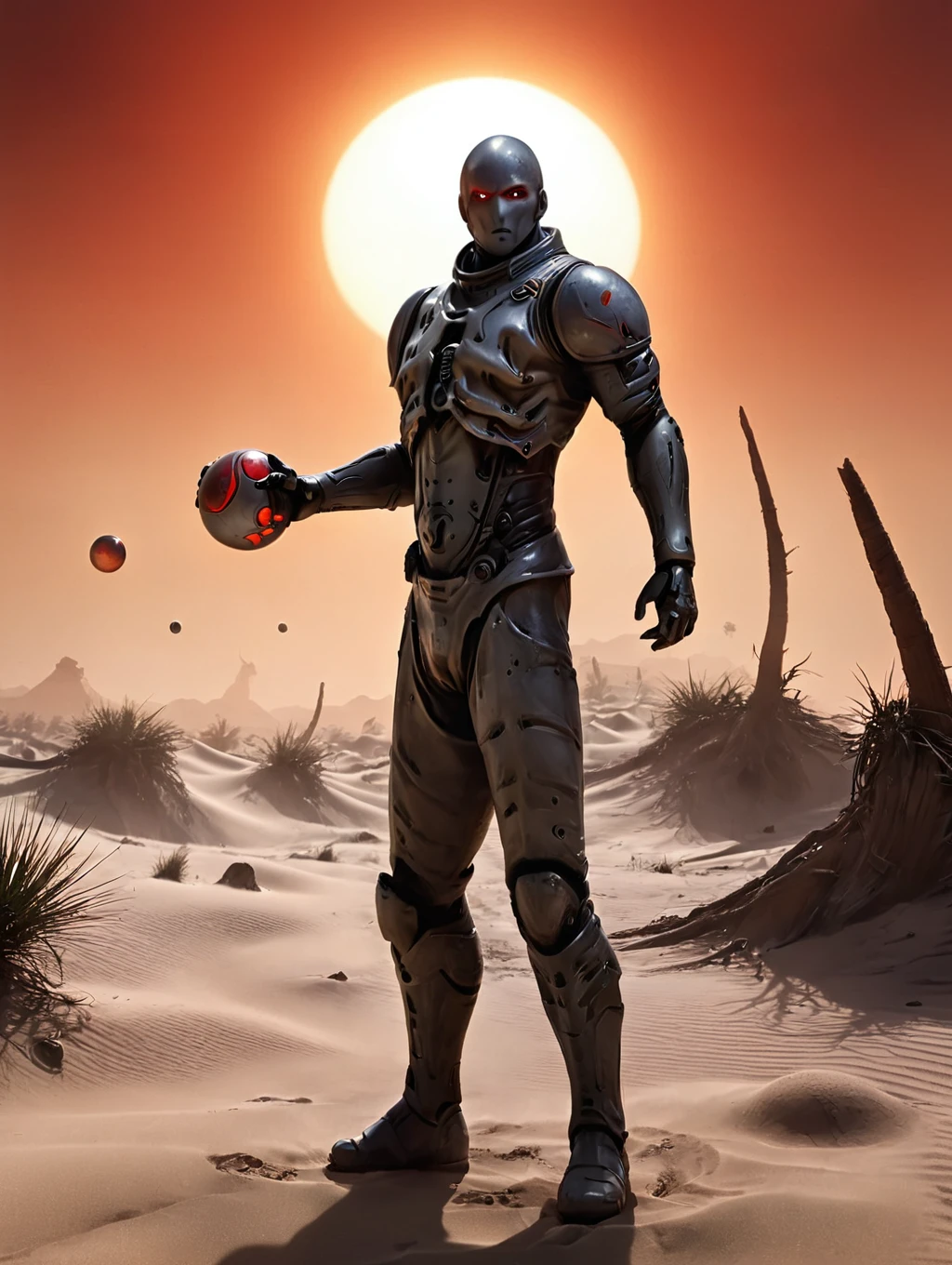 Capture the essence of a worn climate., Worn cyborg ninja in a storm of dust and electricity. leaning forward, obscured under a great, round sedge hat, his face barely visible. with arms outstretched, each hand holds a floating, semi-molten reddish gray orb. Against the backdrop of the sun, They are standing in a desolate place, bleached white sand desert.. spelling to sound like Pokemon Ball in each hand, throw two pokemon balls